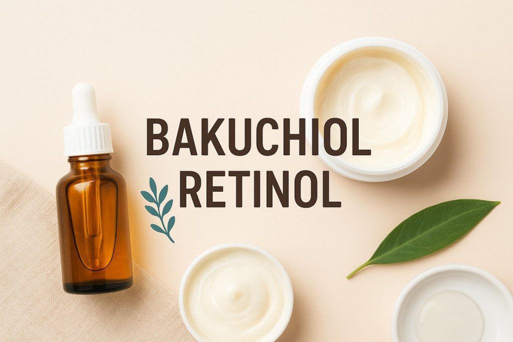 Bakuchiol retinol skincare products with natural botanical accents on a beige background — ProAge Beauty